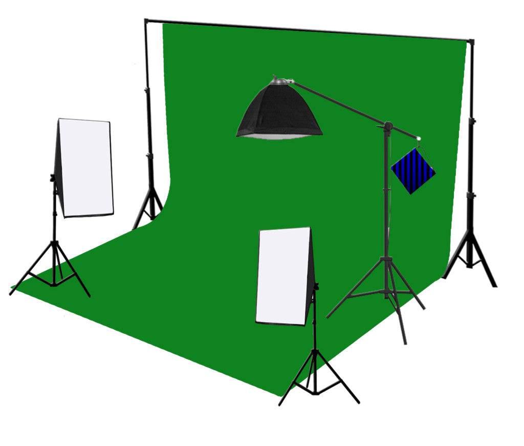 3 Head 750W Continuous Softbox Studio Lighting With Studio Backdrop & Boom Arm Equipment Kit